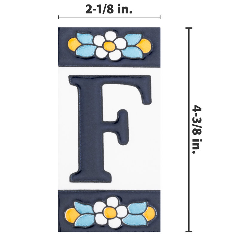 Sevillano 2.13" x 4.38" Ceramic Floral Address Letter Wall Tile in White/Blue