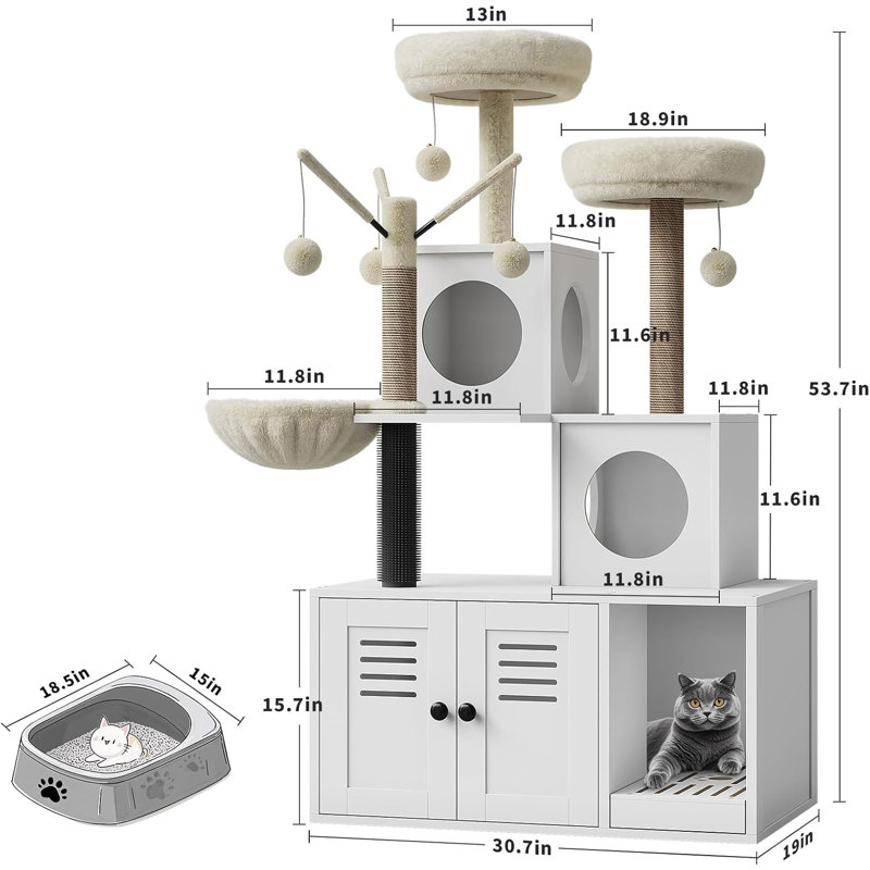 Tour pour arbre à chat à plusieurs niveaux avec bac à litière dissimulé - maisonnette moderne pour chat, poteau à griffer en sisal, perchoir souple, mobilier pour chat en bois, jouet à chat pour économiser de l'espace