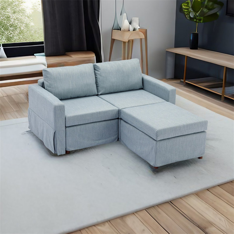 Canapé modulaire 3 pièces Demichael, 100 % lin bleu clair