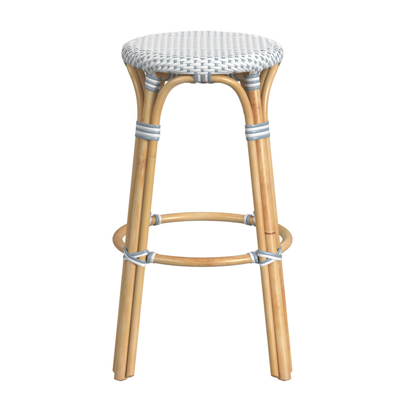 Tobias Rattan Bar Stool & Counter Stool, Bar Stool (30" Seat Height), White/Sky Blue Dot/Natural Rattan Frame
