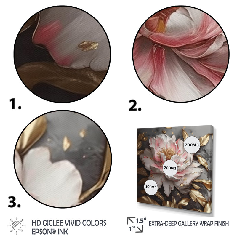 Décoration murale pivoines roses et grises en fleurs IV - pivoines florales, H 16 po x l 16 po, Encadrement doré