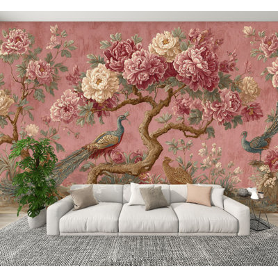 Papier peint auto-adhésif détaillé, art chinois, branches d'arbres, pivoines, faisans, H 100 po x l 144 po, papier peint amovible en PVC, adhésif mural pour chambre à coucher, bureau à domicile