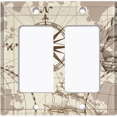 Metal Light Switch Plate Outlet Cover (World Sea Ship Globe Compass Brown - Single Toggle)