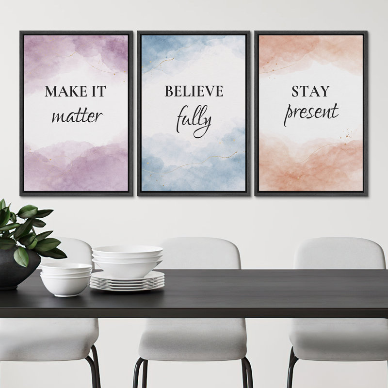 «Make It Believe Stay Présent», impression sur toile encadrée sur toile, 3 pièces, Noir, H 24 po x l 16 po