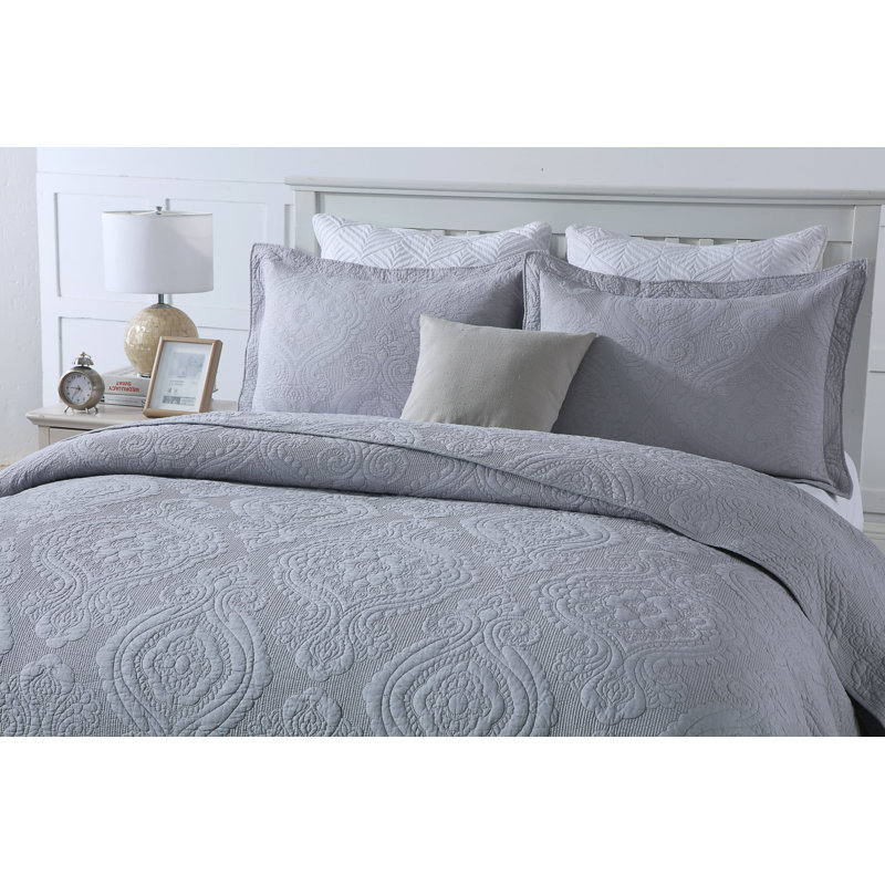 Ensemble de courtepointe réversible en coton 3 pièces Sabel, Gris, Courtepointe double / grand + 2 taies décoratives