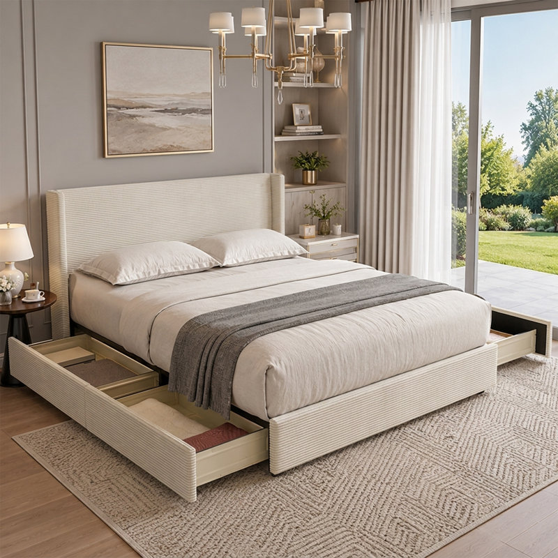 Modern Wingback Upholstered Platform Bed, Cream, Queen
