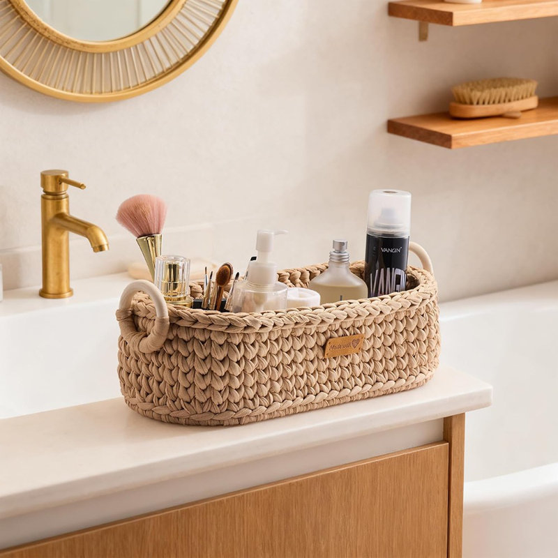 Panier de rangement en papier de toilette tissé à la main avec base en bois et poignées, organisateur de salle de bain Boho, brun