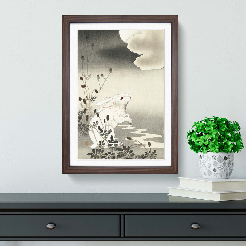 Rabbit at Full Moon by Ohara Koson - Picture Frame Painting Print, 48cm H x 36cm W x 2cm D, Walnut Framed