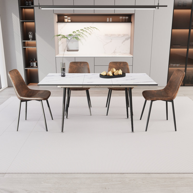 "Ensemble de table à manger et de chaises en MDF évolutif, pouvant accueillir de 2 à 6 personnes, table blanche avec chaises brunes, ensemble de 4 pièces"	