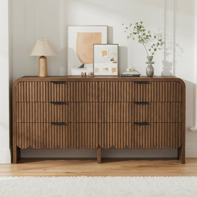 59'' Mid-century Modern 6-drawer Dresser With Fluted & Scalloped Design, Walnut Wood Chest Of Drawers For Bedroom Storage