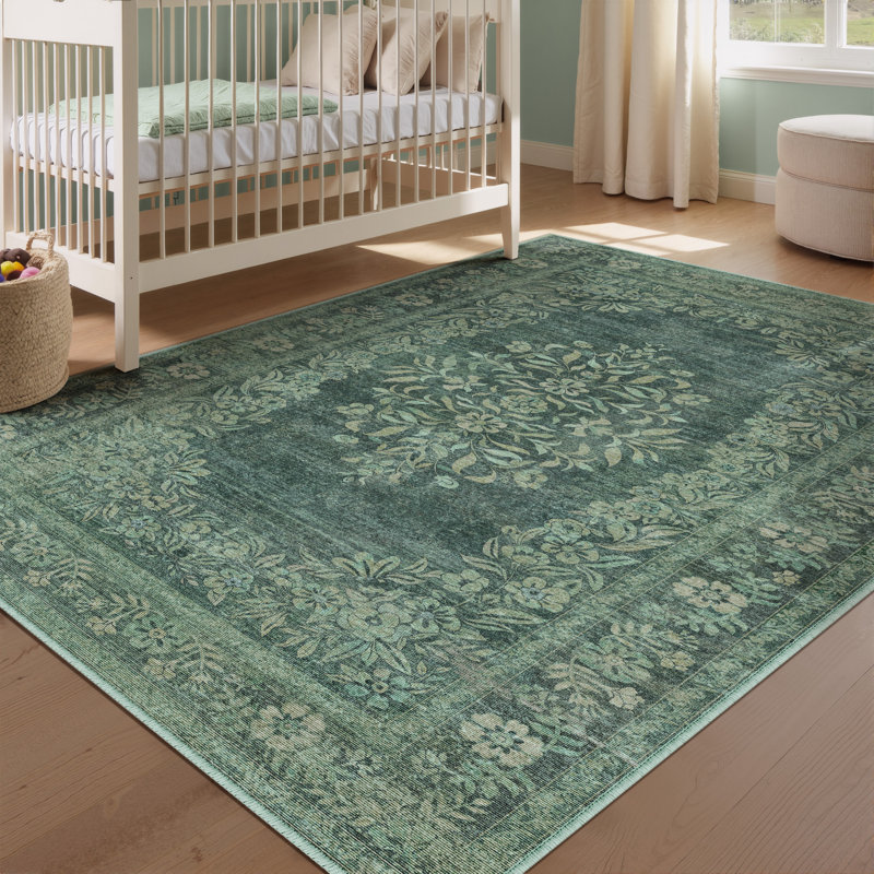 Stella Machine Washable Oriental Area Rug With Non-Slip Backing, Rectangle 3' x 5', Green