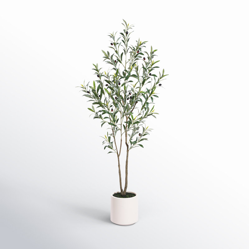 60" Faux Olive Tree in White Planter, Lifelike Fake Olive Plant for Indoor and Outdoor Decor, 60'' H x 8.6'' W x 8.6'' D
