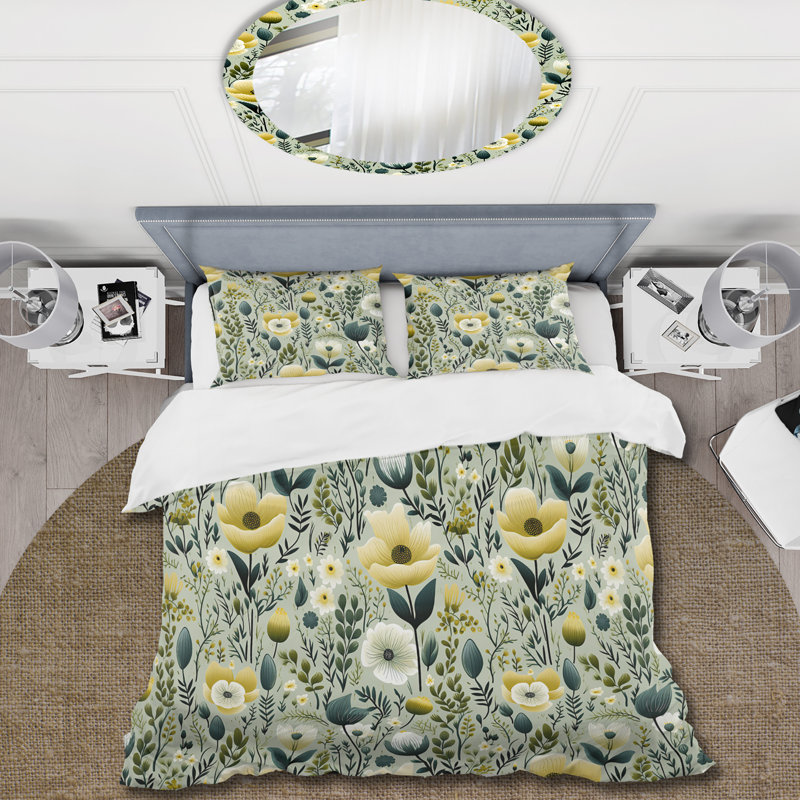 Tranquil Green And White Garden Blooms - Ensemble de housse de couette à motif floral