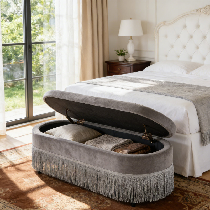 Oval Upholstered Fringe Storage Bench, Gray