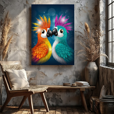 Toile, une paire d'oiseaux aux couleurs vives dont l'un est orné de plumes oranges et jaunes vives et l'autre en toile