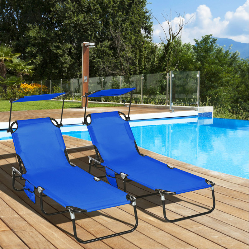 Chaises longues pliantes pour piscine, chaises de bronzage d'extérieur avec abat-jour, dossier inclinable, structure en acier et poche latérale pour la plage, la cour, le patio, le bleu