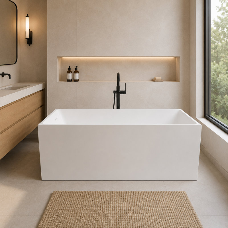 59" Freestanding Solid Surface Soaking Bathtub Thick Backrest Rectangle Tub In White