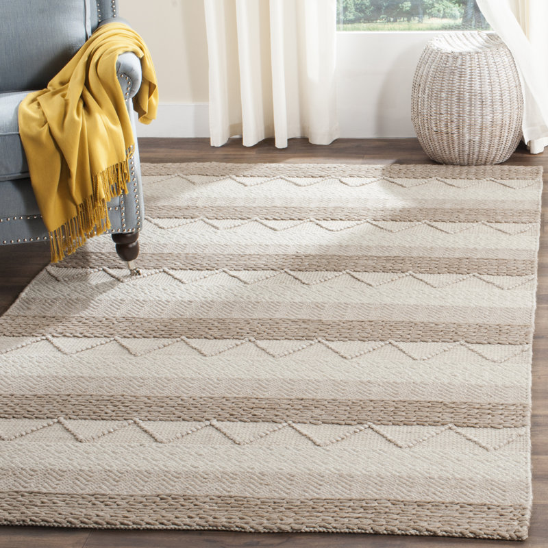 Laine tissée à la main / viscose / coton jacques. Tapis rayé beige