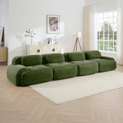 Canapé 4 places en velours côtelé doux 32D éponge haute résilience ergonomique compatible avec les animaux de compagnie compression complète sans emballage combiné sans assemblage pour les études de chambre à coucher, vert olive