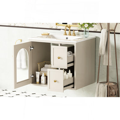 Ensemble de meuble-lavabo mural 24 po pour petit espace, armoire de salle de bain avec lavabo en céramique, 2 tiroirs et 1 porte à fermeture en douceur