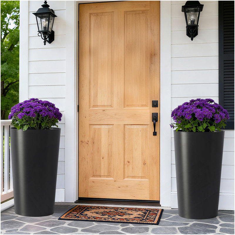 2 Pack Tall 21.7 In Planters For Outdoor Plants Modern Tall Square Planter Box Indoor Outdoor Porch Patio Flower Pot Modern Big Tapered Matte Tree Flower Pot For Garden, (Black)