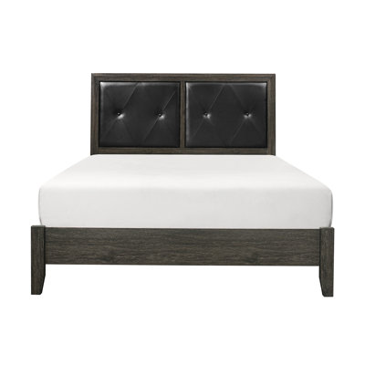 Élégant grand lit gris foncé avec bouton en similicuir - tête de lit et support en bois pour chambre à coucher moderne