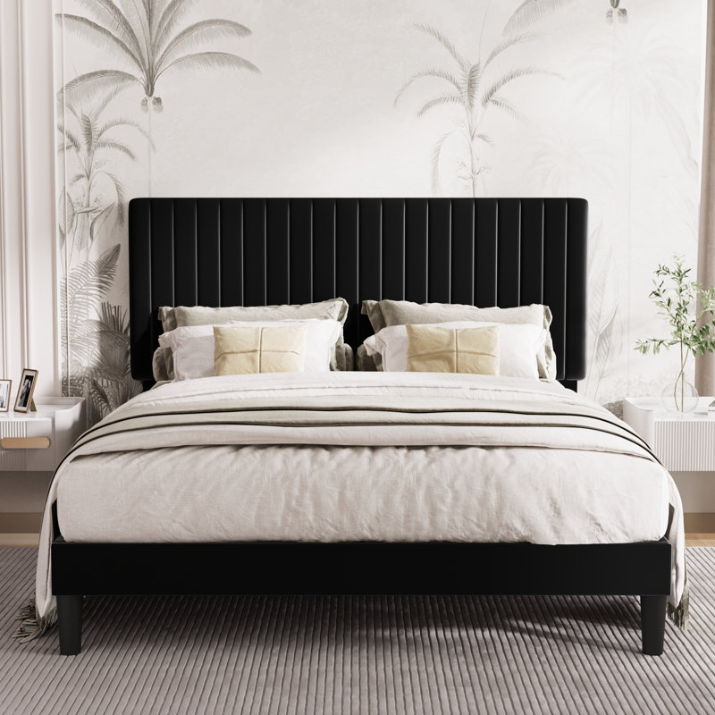 Dunphy Upholstered Platform Bed with Adjustable Headboard, Black, Queen