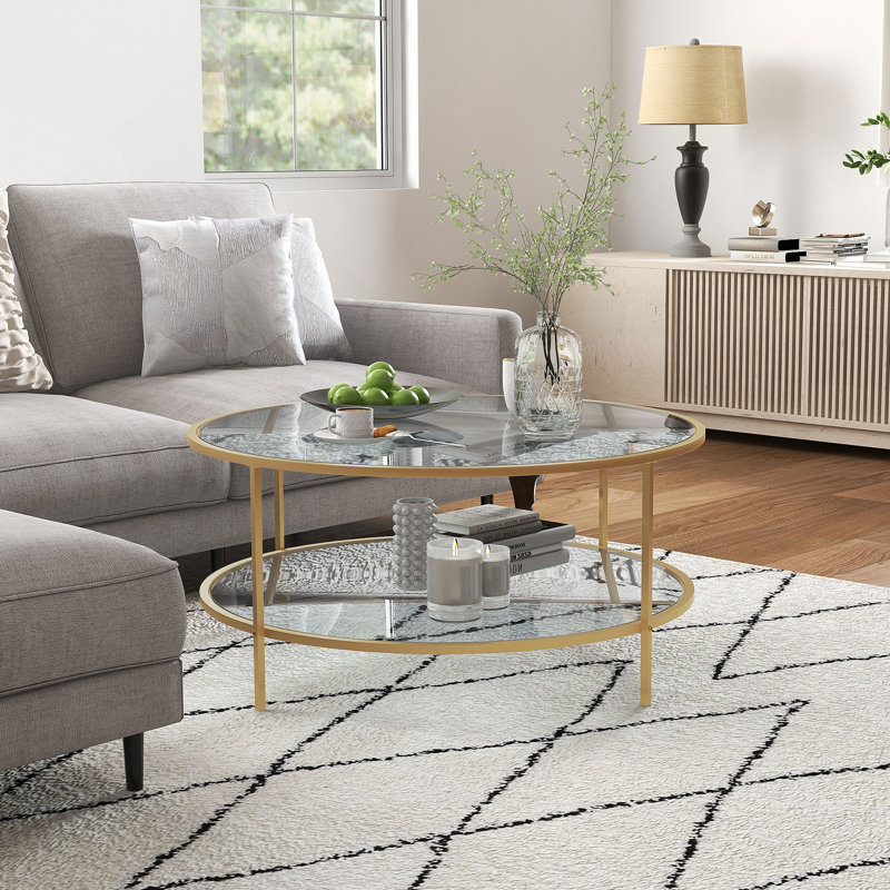 Side Table with Storage, Round End Table, 2-Tier Tempered Glass Coffee Table, 16.9" H x 36" L x 36" W, Gold