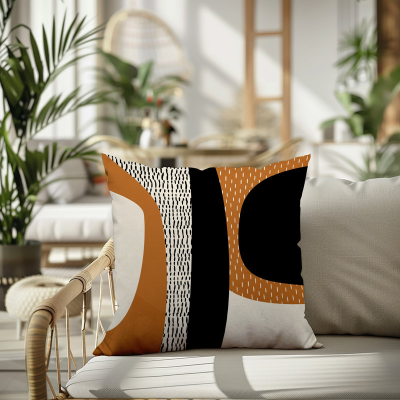 Coussin carré intérieur / extérieur pia, H 15 po x l 15 po, Orange brûlé / noir / blanc cassé