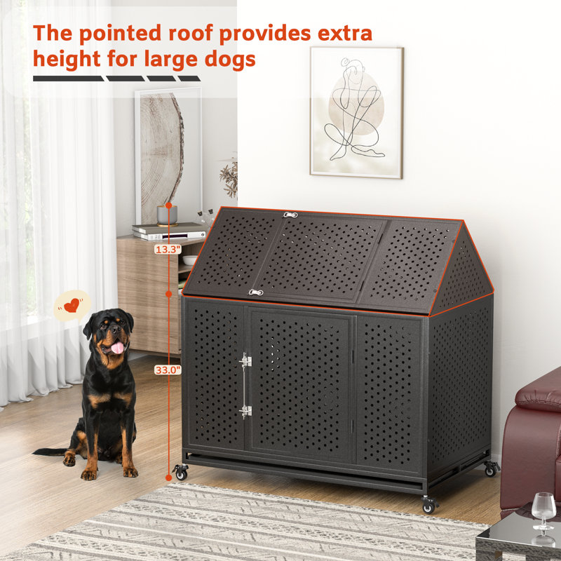 Extra Large Black Steel Escape-Proof Dog Crate with Pointed Roof
