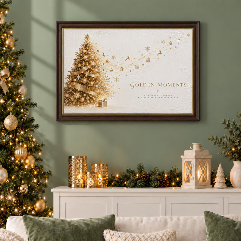Arbre doré avec renne et flocons de neige, art mural de Noël, H 16 po x l 24 po