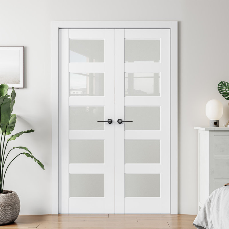 Portes en bois massif en verre givré apprêté 5-Lite sans cadre ni quincaillerie, 60 po x 80 po