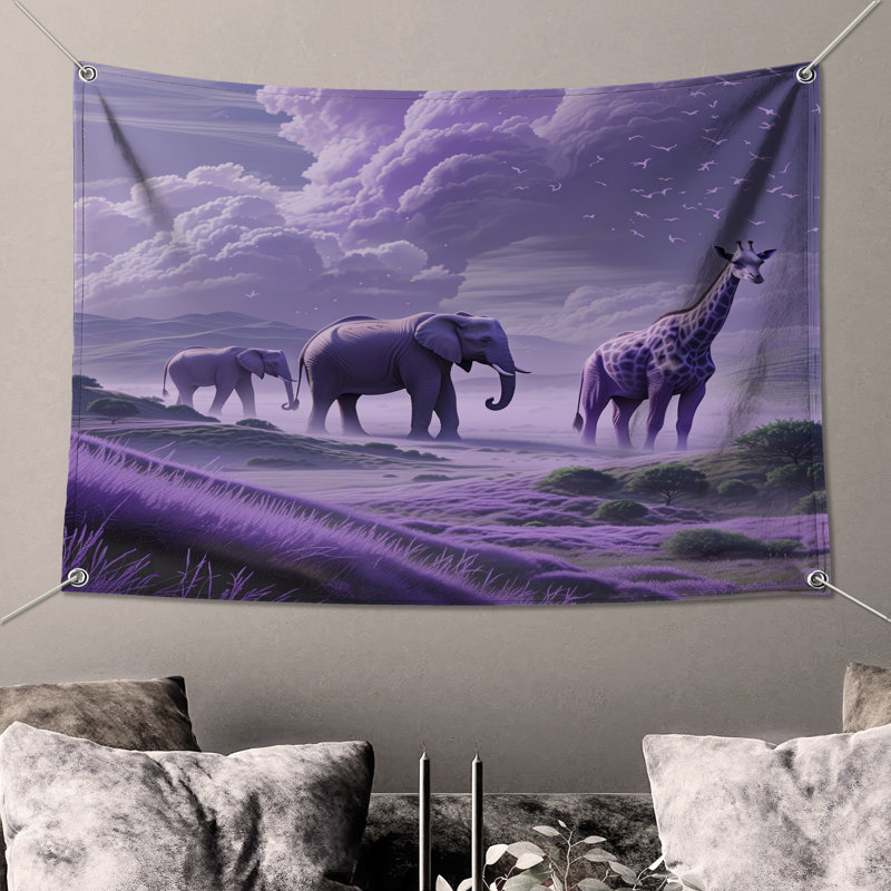Tapisserie murale mauve paysage de savane mauve - girafe éléphants, H 68 po x l 80 po avec 4 œillets