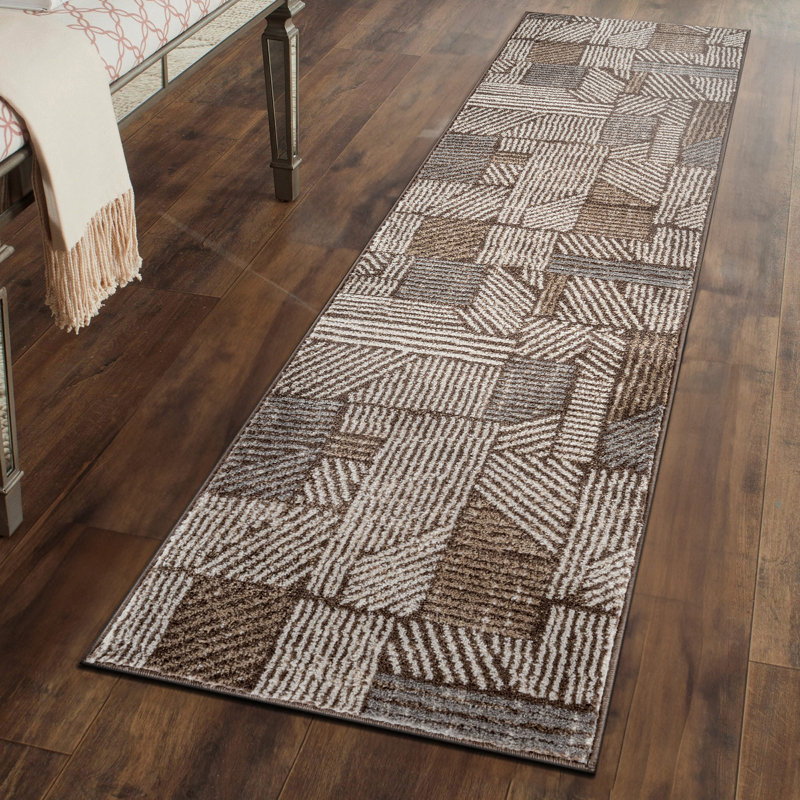 Rambo Geometric Black/Ivory Area Rug, Runner 2' x 7', Brown