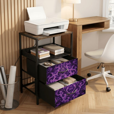 2 Drawers Nightstand with Charging Station, Bedroom Nightstand with USB Ports & Outlets Open Shelf Black, night stand with Purple Victorian Print