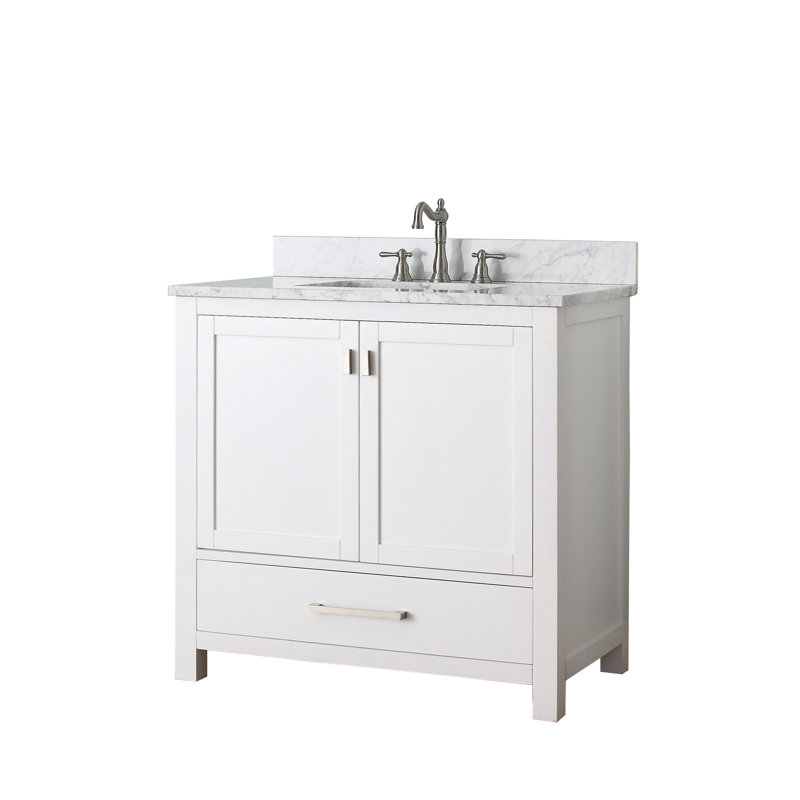 Modero 36" Single Bathroom Vanity with Top, Carrera White Marble, White, Brushed Nickel
