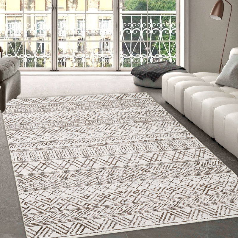 Tapis brun / blanc en polyester tissé à la machine Kirubel, Rectangle 9 pi x 12 pi