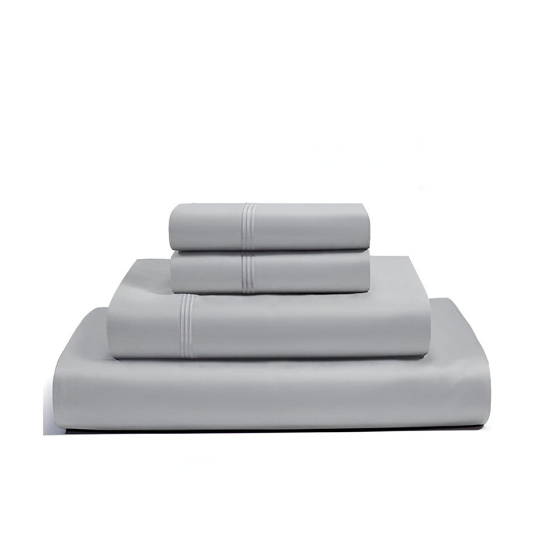 400TC Luxurious Triple Embroidery Sateen Solid Cotton 4 Piece Sheet Set Fitted Sheet Fits Upto 16" Deep Pocket, Light  Gray