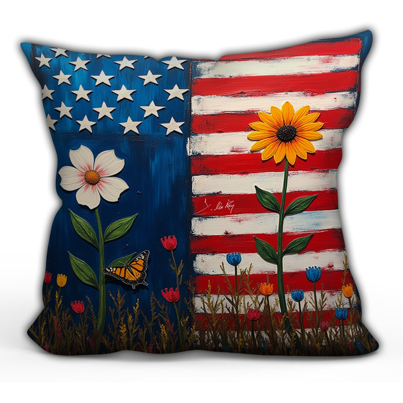 US Flag With Flowers Throw Pillow, 16"H x 16"W