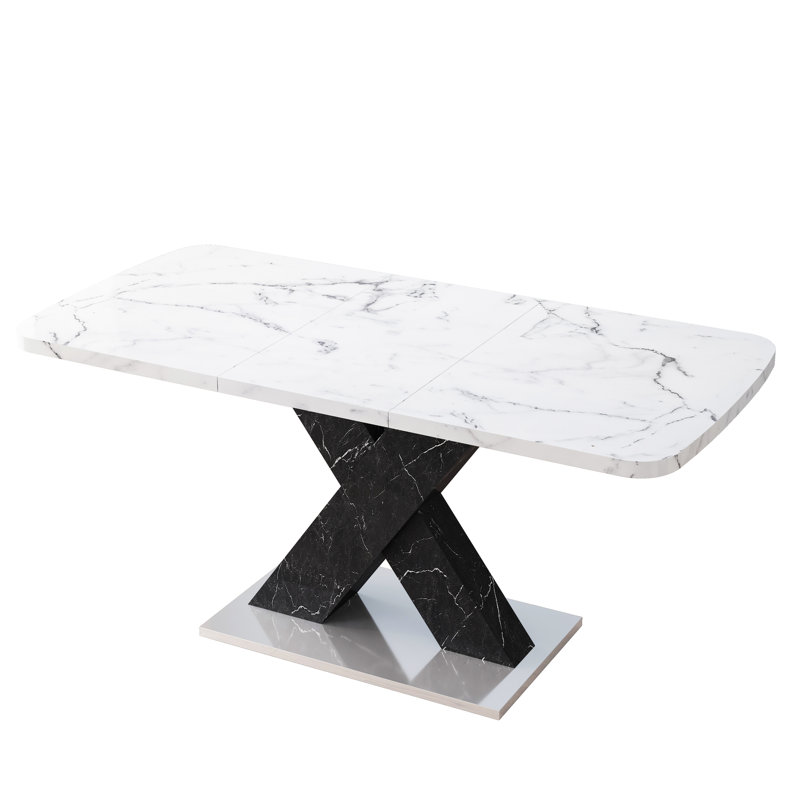 Table de salle à manger carrée moderne en marbre blanc extensible, pieds noirs avec base en métal, carré extensible facile à installer, plateau de table fini et base, profondeur 62,21 po