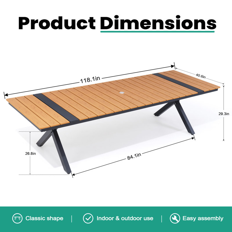8-12 Person Plastic Desktop & Aluminum Frame Rectangular Outdoor Dining Table with Umbrella Hole, Brown