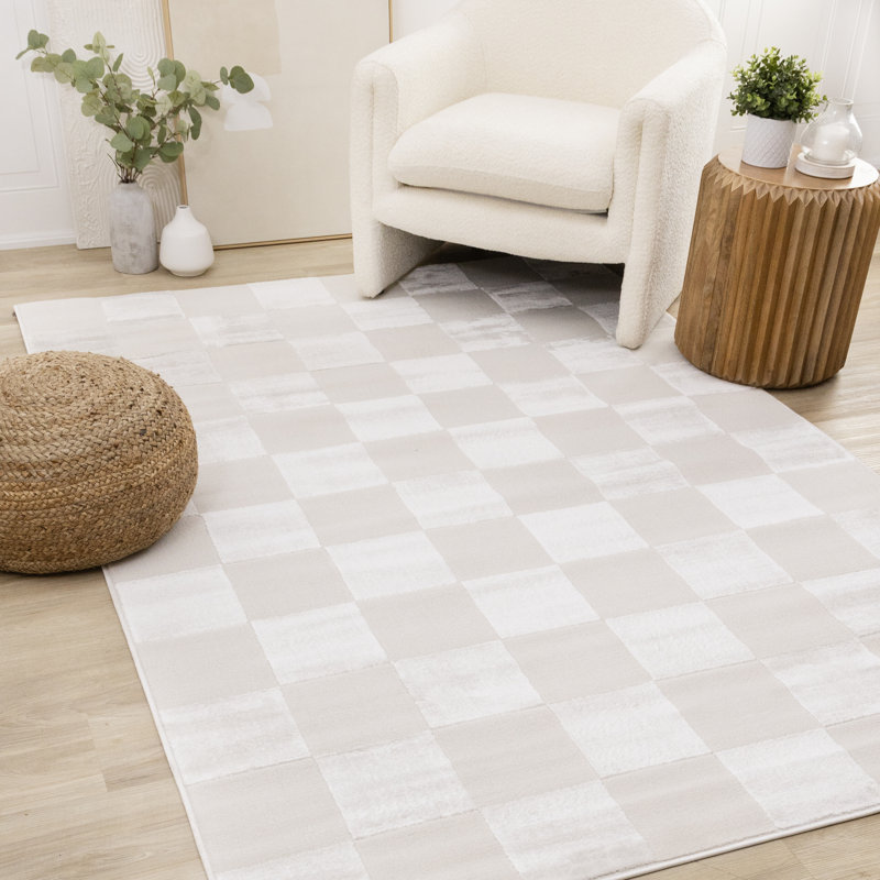 Tapis blanc à carreaux crème Amabilia, Rectangle 6 pi 7 po x 9 pi 6 po