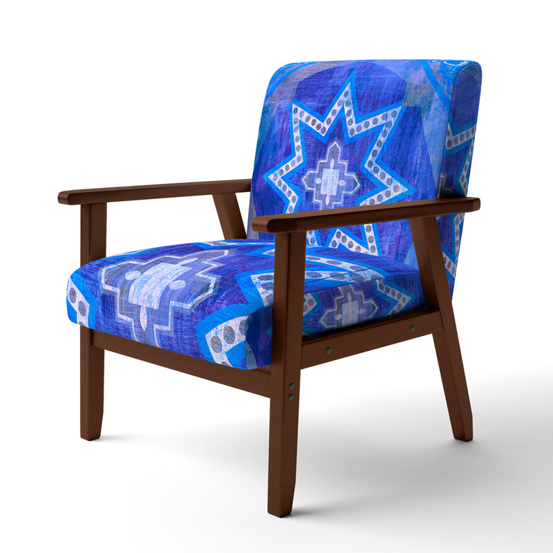 Gundry - Moroccan Orange Tiles Collage I - Upholstered Bohemian Chic Velvet Accent Arm Chair, Blue/Purple/Light Blue, Brown