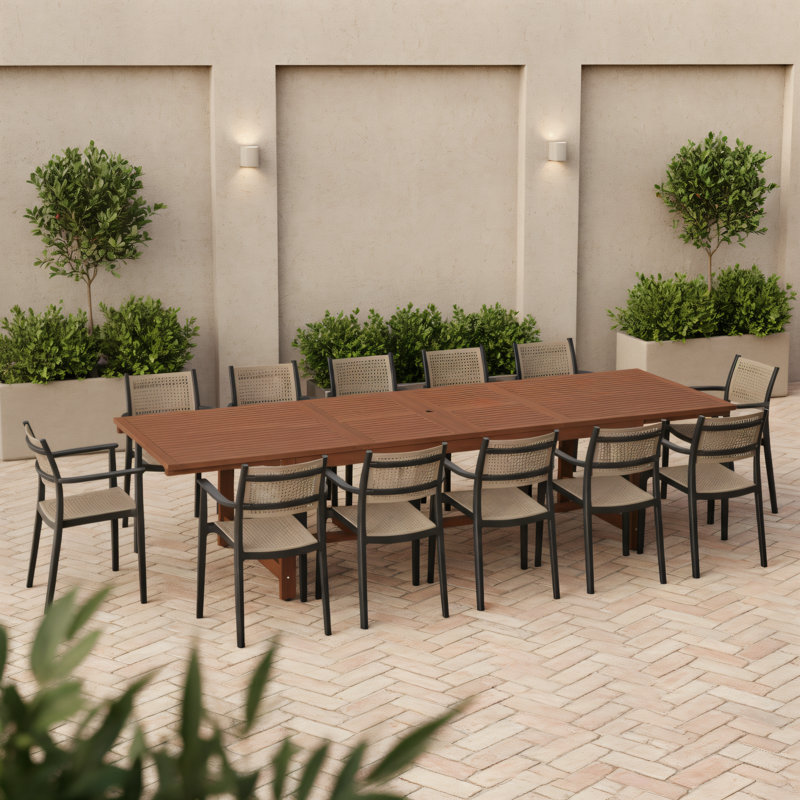 Wayland 13-Piece Outdoor Rectangular Extendable Dining Table And Chairs Set | Eucalyptus Wood | Ideal For Patio, Brown Table & Black Chairs