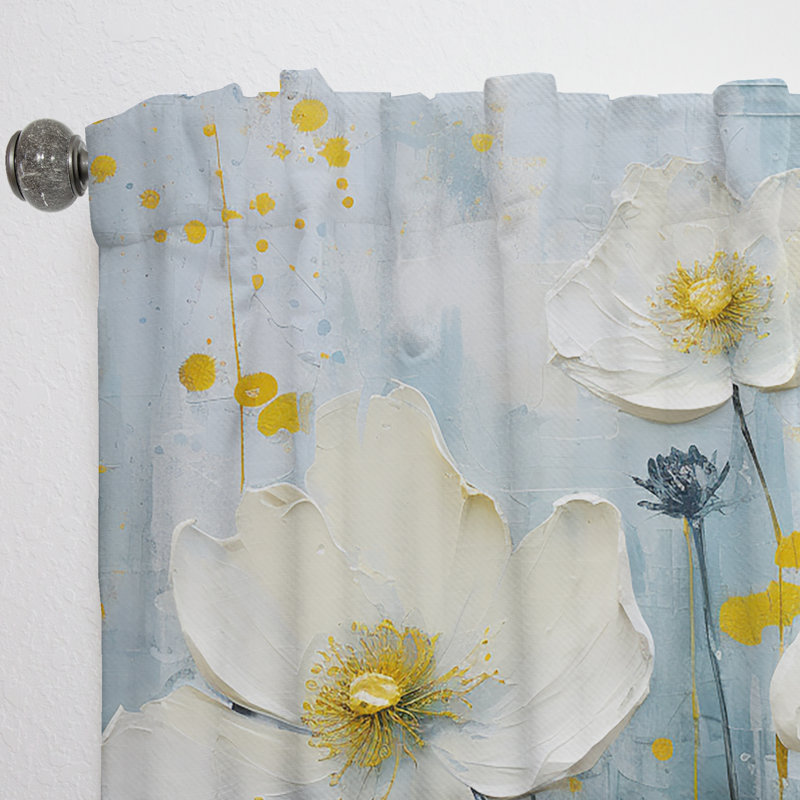Gennero White And Blue Buttercups Minimalism I - Traditional Curtain - Velvet Room Darkening - 1 panel, 52" W x 95" L