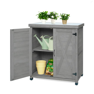 Potting Bench With Storage Cabinet And Metal Table Top For Outdoor Patio,Outdoor Work Station Table