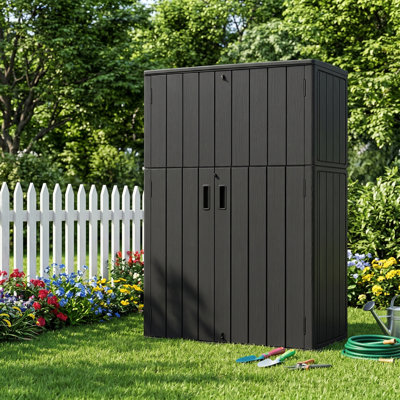 Outdoor 47 Cu.Ft HDPE Vertical Storage Shed, Double-Wall  Cabinet, Lockable,Weather Resistant,Black