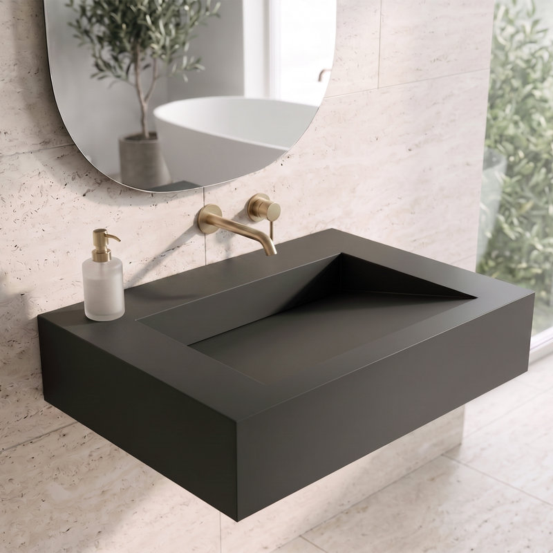 Pyramid 30" Wall Mounted Rectangular Solid Surface Bathroom Sink in Matte Finish for Wall Mounted Faucets - Black, Black