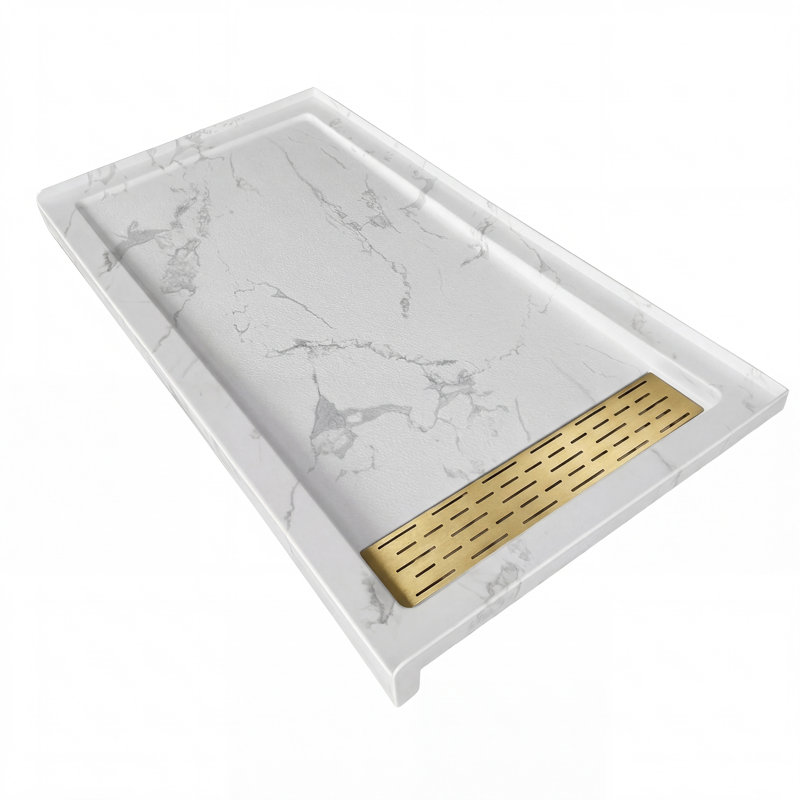  60"W x 32"D Rectangle Shower Base, Marble-Look Acrylic Shower Pan with Anti-slip Texture, Right, Brushed Gold