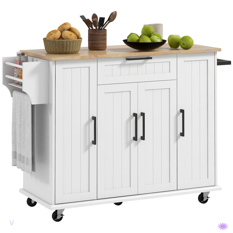Îlot de cuisine sur roulettes, chariot de cuisine avec plateau en bois d'hévéa, tiroir, étagère à épices, porte-serviettes, armoire de rangement avec tablettes intérieures réglables